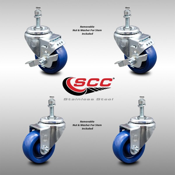 Service Caster 3 Inch SS Solid Polyurethane Swivel 10mm Threaded Stem Caster Brakes, 2PK SCC-SSTS20S314-SPUS-M1015-2-TLB-2 - main